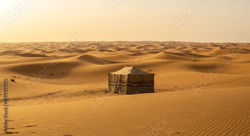 Desert Tent Under Golden Sunset Sky.