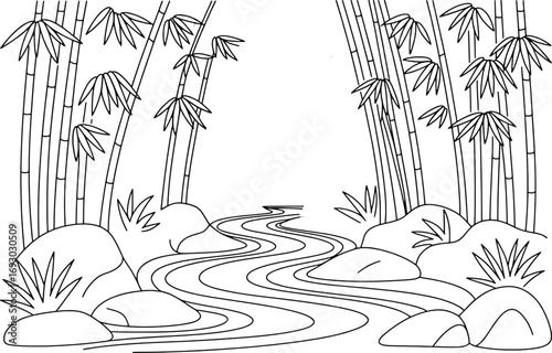 Serene japanese zen garden bamboo grove stream and rocks zen landscape artwork