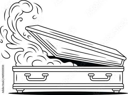 Spooky open coffin with ethereal mist rising emerging from within black and white drawing