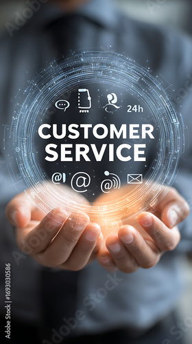 Customer Service Concept with Icons and Text Displayed in a Circular Hologram support communication