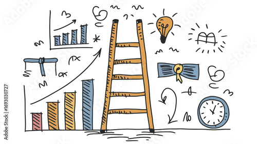 A ladder of success with climbing stairs chart graphs and an idea lightbulb symbolizing business growth career achievement and future goals
