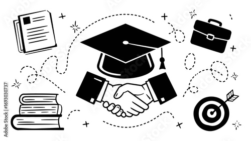Graduation cap handshake with books briefcase and target symbolizing educational achievement career success and future opportunities