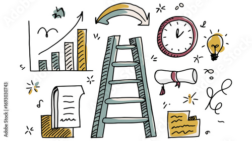 Climbing the ladder of success represented by charts time a lightbulb idea and a diploma for business achievement and future planning goals