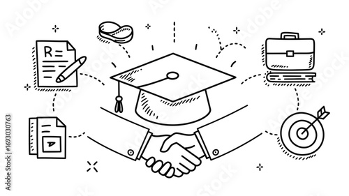 Graduation cap handshake representing education leading to career success job offer and achieving personal goals with professional aspirations
