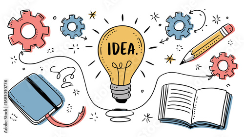A bright idea bulb illuminates innovation and creativity connecting a notebook pencil gears and an open book for learning and development