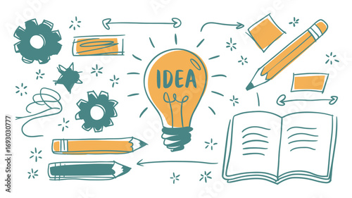 Discovering creative concepts and bright ideas through innovation and problem solving represented by a glowing light bulb and drawing tools