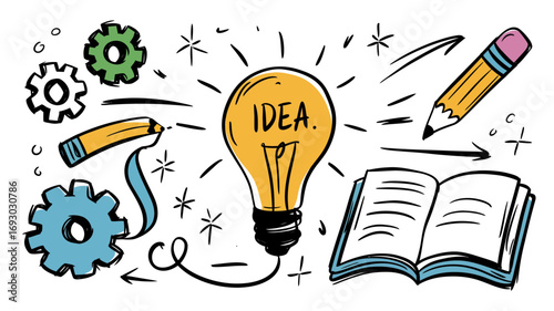 Bright idea lightbulb glowing with concept and creativity illustrated by gears pencils and open book sparking inspiration for innovation