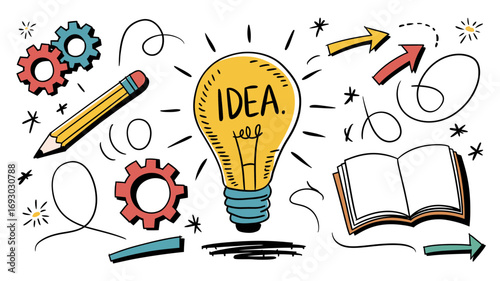 Bright lightbulb with idea written inside symbolizing innovation and creativity with surrounding elements of gears pencil and book for inspiration and solutions