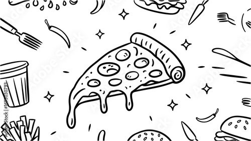 A single slice of cheesy pizza with a sad face dripping gooey cheese surrounded by various doodles of fast food items and cutlery