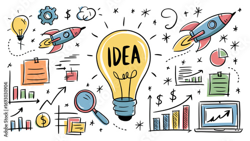 Creative lightbulb with the word idea glowing brightly surrounded by rockets and business growth charts symbolizing innovation and startup success