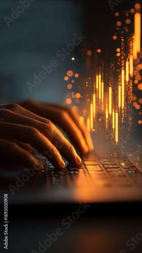 Detailed view of hands on a laptop keyboard with glowing orange financial chart and light particles