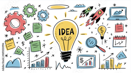 Bright idea light bulb with rockets gears and charts symbolizing business growth innovation strategy and successful startup development