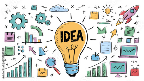 A glowing idea bulb symbolizes innovation and creativity surrounded by charts graphs rockets gears and business concept elements for startup success and strategic planning