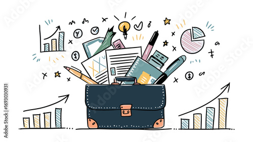 Business briefcase filled with office supplies and surrounded by colorful hand drawn charts graphs and icons representing growth strategy planning and success
