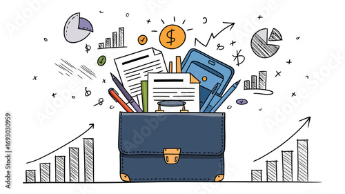 Business briefcase overflowing with financial charts graphs data analysis documents and upward trend arrows signifying growth and success