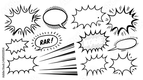 Collection of comic book speech bubbles and thought bubbles in various shapes and sizes with sound effects like rars and explosions for communication and dialogue