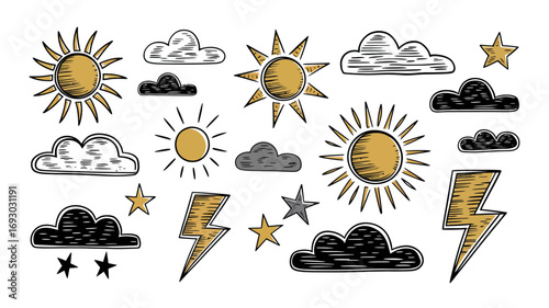Various weather elements including suns clouds stars and lightning bolts hand drawn sketch style illustration for forecasting and meteorology