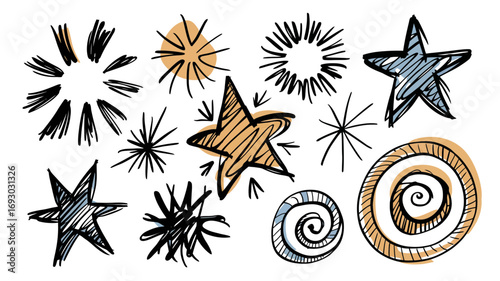 Hand drawn starbursts doodles and swirls in various sizes and colors representing celebration sparkle creativity and fun artistic elements