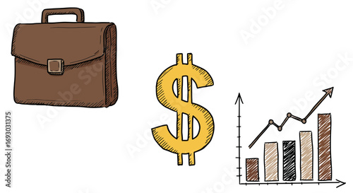 Briefcase dollar sign and growth chart representing financial success business investment strategy planning and upward financial trajectory