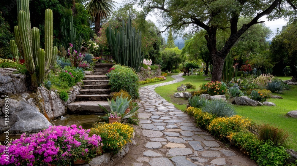 Fototapeta premium Serene garden path with vibrant flowers and lush greenery in sunlit park