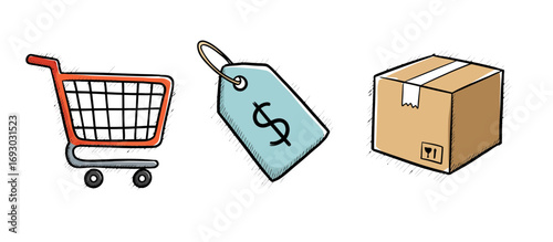 Shopping cart price tag dollar sign and shipping box icons representing online retail purchase delivery and commerce