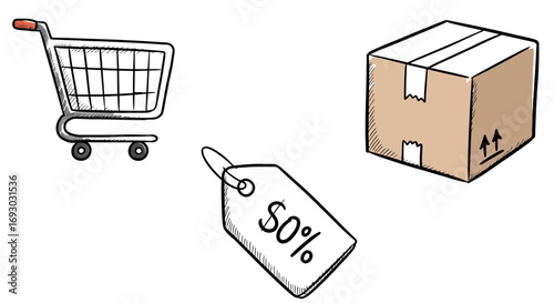 Shopping cart with a discount tag and a shipping box representing online shopping and retail sales promotions and bargain deals