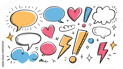Collection of hand drawn speech bubbles thought clouds hearts lightning bolts and exclamation points in various colors and styles perfect for creative projects