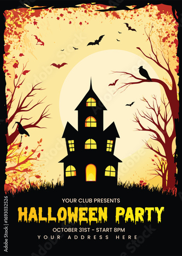 Spooky haunted house with bats and bare trees on a full moon halloween night