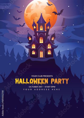 Spooky haunted castle on a hill under a giant full moon with bats flying at night