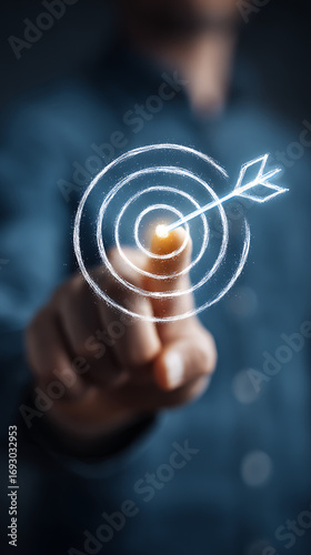 Finger Touching a White Target with Arrow in the Bullseye with Sparkles dartboard goal