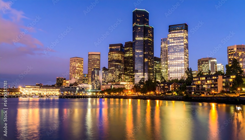 Fototapeta premium Seattle skyline at twilight, illuminated buildings reflected in water