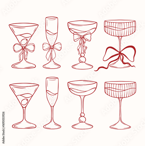 Line art glasses with bows, vector art collection