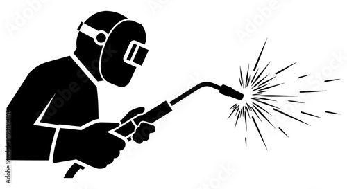Welder working with sparks in black silhouette on white background