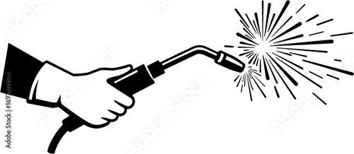 Hand holding welding torch with sparks in black and white on white background
