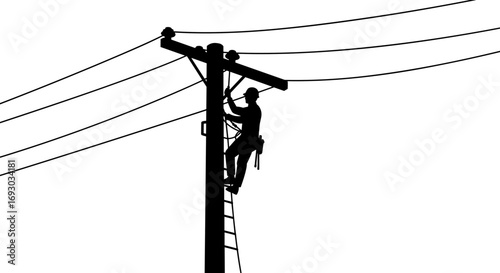 Linemen working on utility pole silhouette on white background