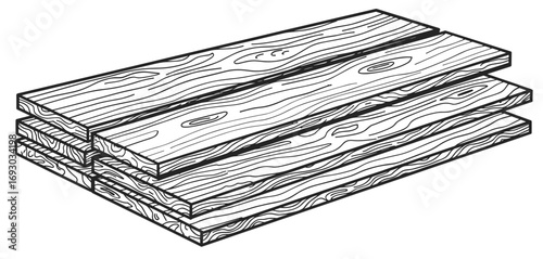 Stack of wooden planks in hand-drawn style on white background