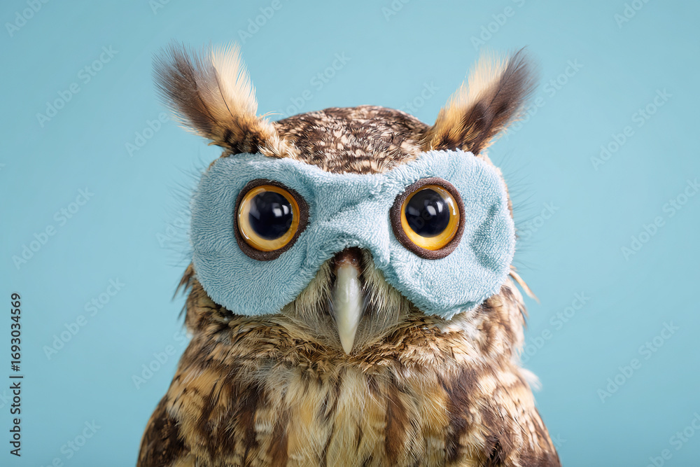 Obraz premium Owl wearing a blue sleep mask against a soft blue background