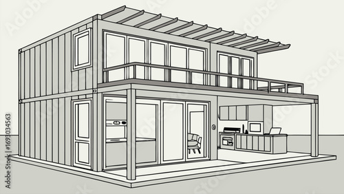 Modern Shipping Container House, Sustainable Eco-Friendly Modular Living Home Made from Cargo Containers, Vector Illustration, 3D Images