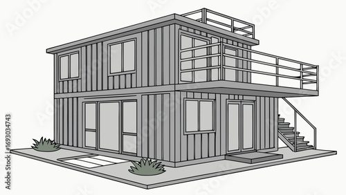 Modern Shipping Container House, Sustainable Eco-Friendly Modular Living Home Made from Cargo Containers, Vector Illustration, 3D Images