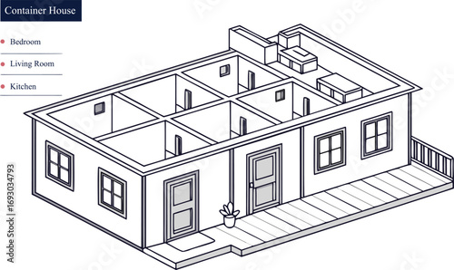 Modern Shipping Container House, Sustainable Eco-Friendly Modular Living Home Made from Cargo Containers, Vector Illustration, 3D Images