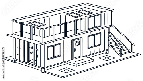 Modern Shipping Container House, Sustainable Eco-Friendly Modular Living Home Made from Cargo Containers, Vector Illustration, 3D Images
