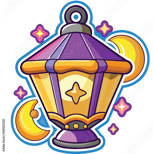 Enchanting purple and gold lantern emitting magical light with crescent moons and stars