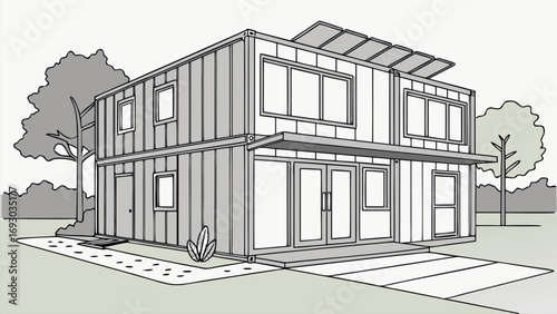 Modern Shipping Container House, Sustainable Eco-Friendly Modular Living Home Made from Cargo Containers, Vector Illustration, 3D Images