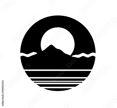 Minimalist mountainscape logo design with a rising sun and water, ideal for travel brands, outdoor apparel, or nature-inspired companies needing a clean brand