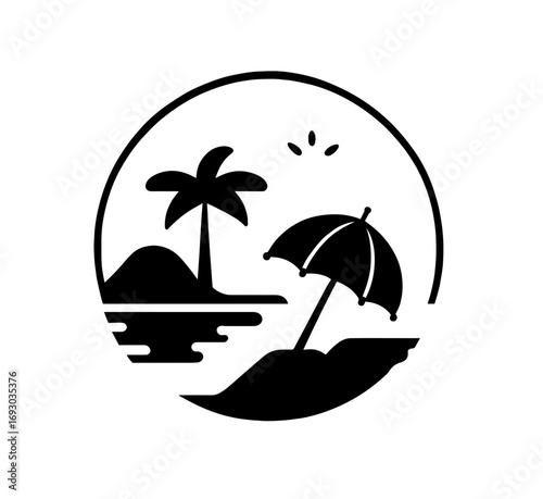 Serene tropical beach escape with palm tree and shade umbrella, a perfect summer holiday getaway, relaxation and exotic vacation destination concept