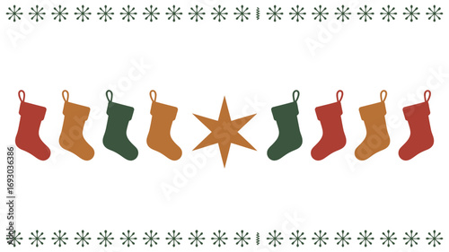 Festive Christmas stockings and star border celebrate holiday cheer and winter wonder