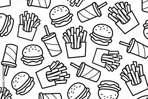 Fast food doodles seamless pattern. Isolated food design perfect for fast food packaging, decorative elements of kitchenware, wallpaper for restaurant. Cartoon style illustration set