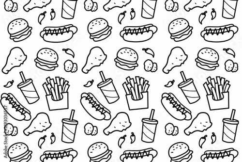 Fast food doodles seamless pattern. Isolated food design perfect for fast food packaging, decorative elements of kitchenware, wallpaper for restaurant. Cartoon style illustration set