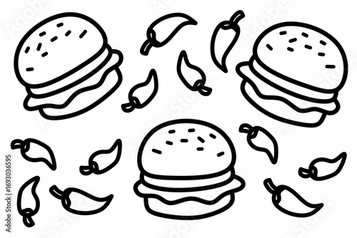 Burger and chilli doodles seamless pattern. Spicy food vector illustration in cartoon style. outline design