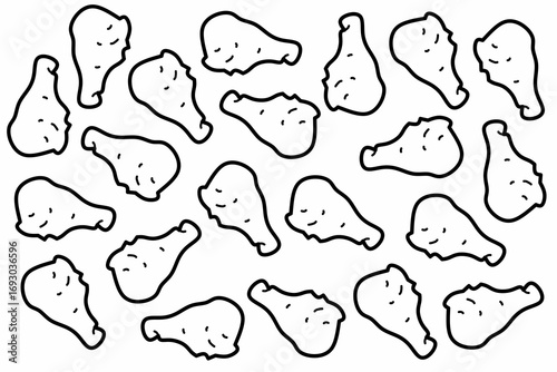 Fried chicken thigh doodles seamless pattern.  Chicken drum stick. Fast food vector design for packaging, wallpaper, decorative elements.